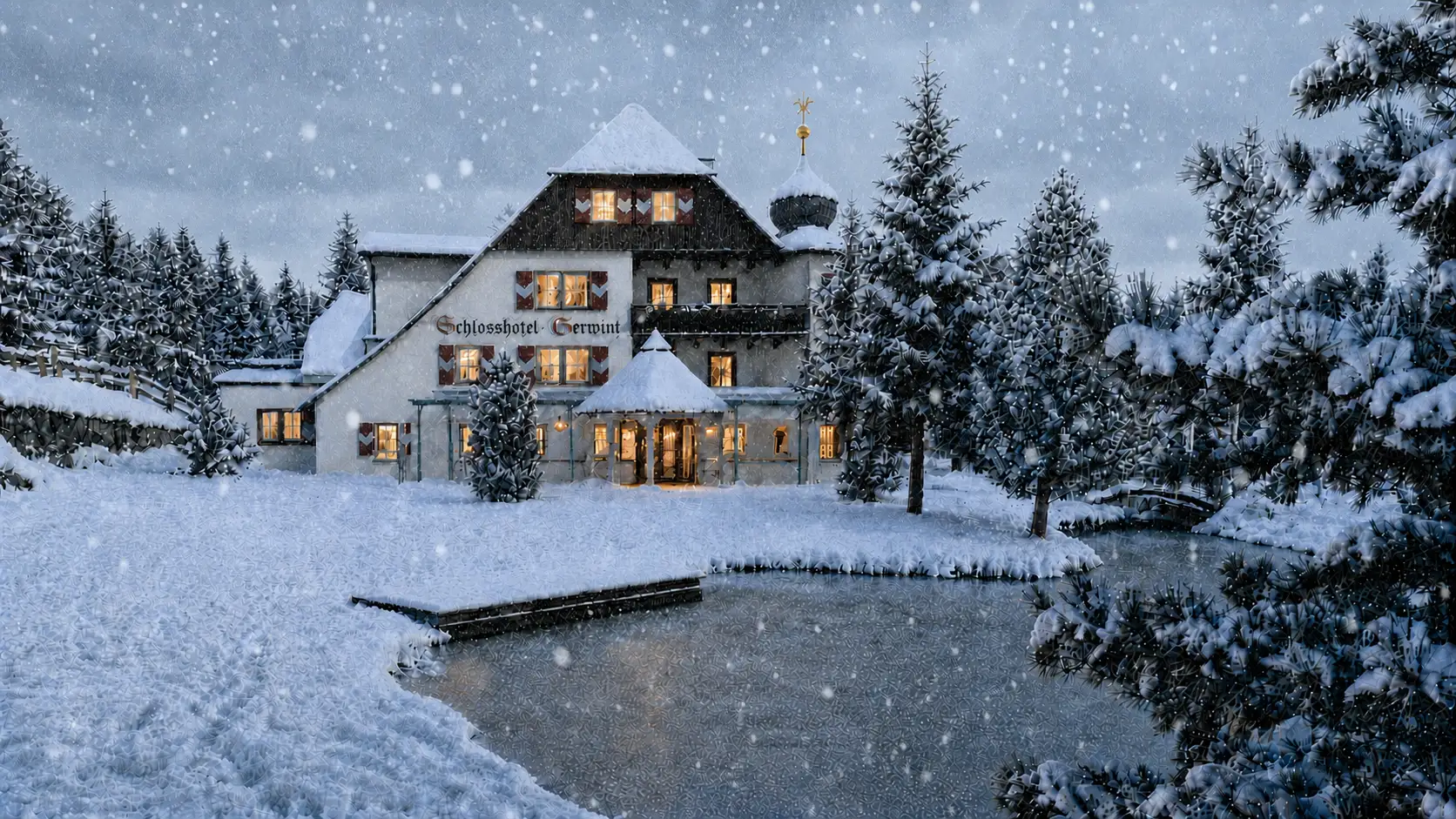 Das Schlosshotel Seewirt im Schneefall, Licht in den Fenstern