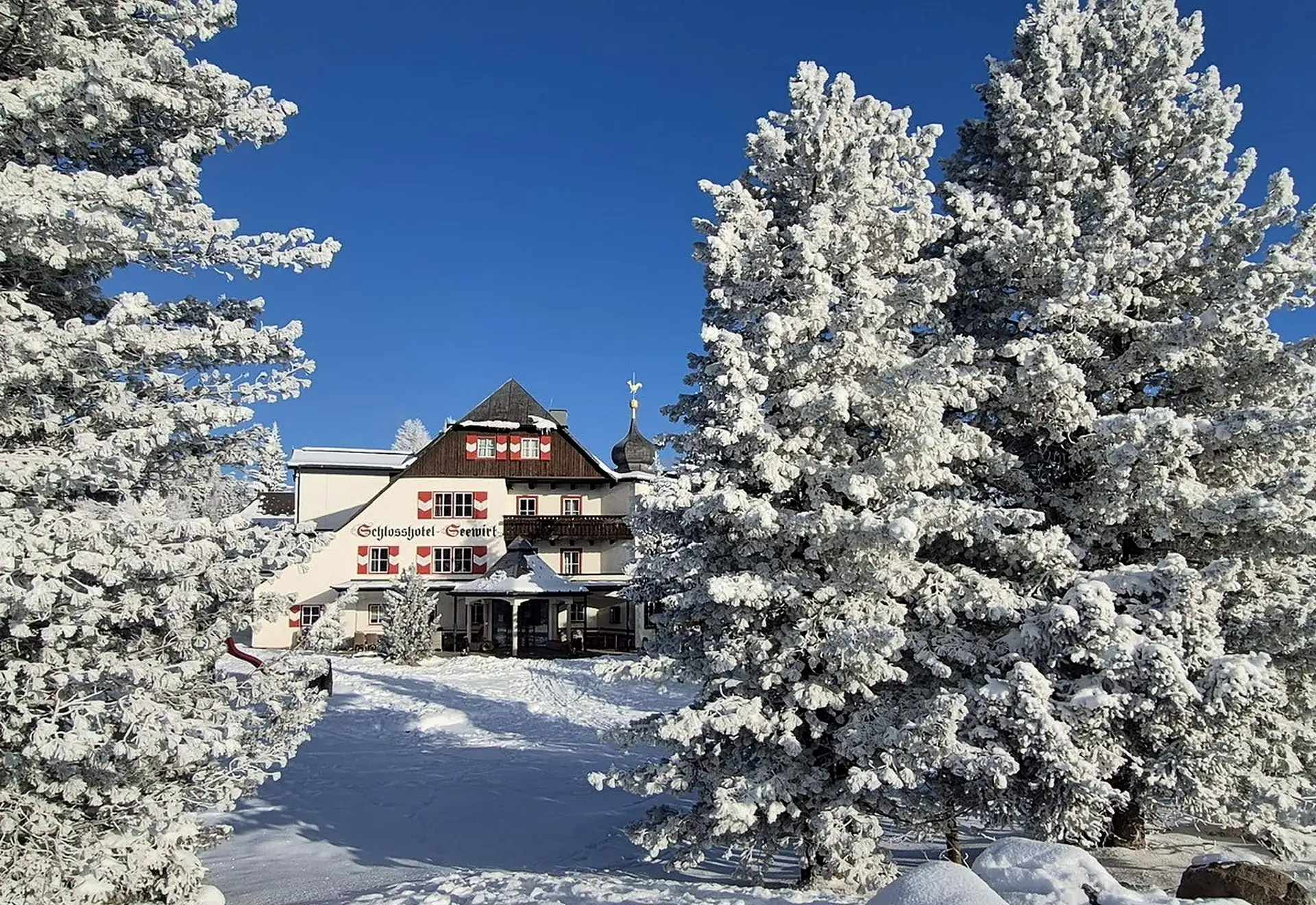 Das Schlosshotel Seewirt zwischen verschneiten Zirben bei Tageslicht